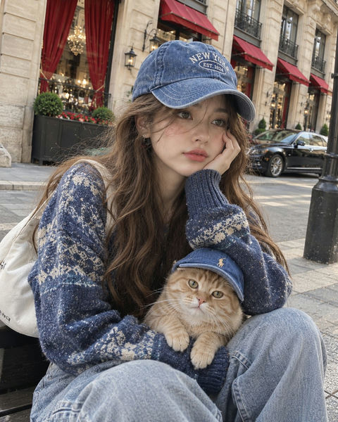 街头自拍戴棒球帽的女孩与橘猫 - AI图片提示词示例