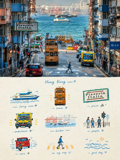 香港旅行手帐海报写实摄影与手绘插画拼贴 - AI图片提示词示例