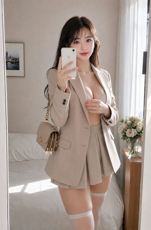 镜前生成色西装女性自拍写真 - AI图片提示词示例
