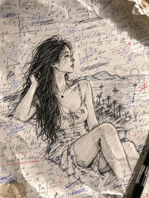 随性简笔插画风格草稿纸涂鸦人物 - AI图片提示词示例