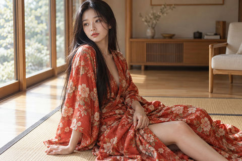 东亚女性红橙花卉长袍室内人像 - AI图片提示词示例