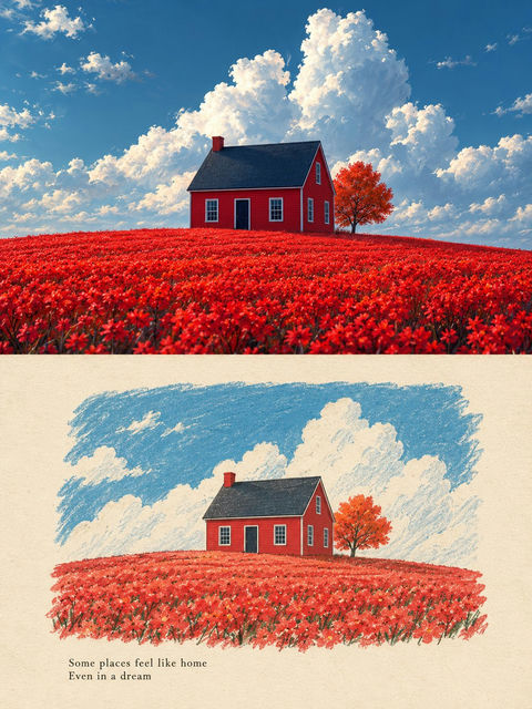 真实照片与简约插画组合记忆卡 - AI图片提示词示例