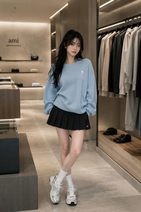 高端简约精品店时尚女性全身照 - AI图片提示词示例