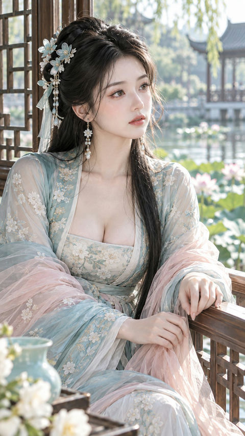 古风江南美妆近景天水碧贵女 - AI图片提示词示例