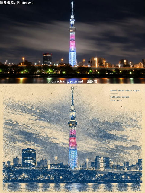 复古杂志风格东京晴空塔插画 - AI图片提示词示例