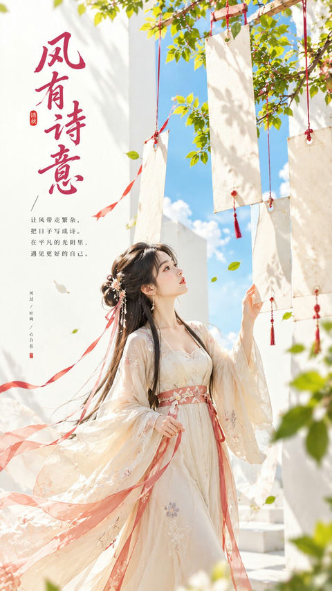 东方禅意极简古风女子诗笺封面 - AI图片提示词示例