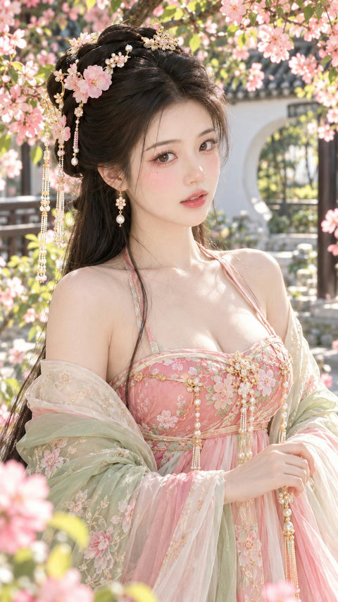 古风海棠粉贵女人像摄影 - AI图片提示词示例