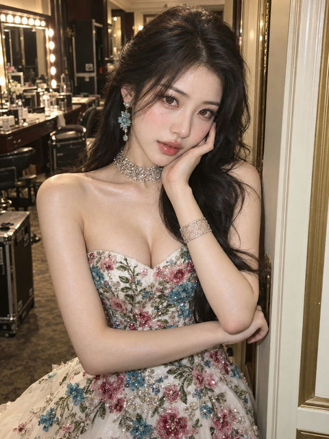 后台门廊东亚精致偶像少女写真 - AI图片提示词示例