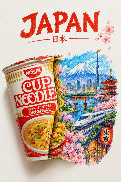 零食包装袋国家微缩景观插画艺术 - AI图片提示词示例