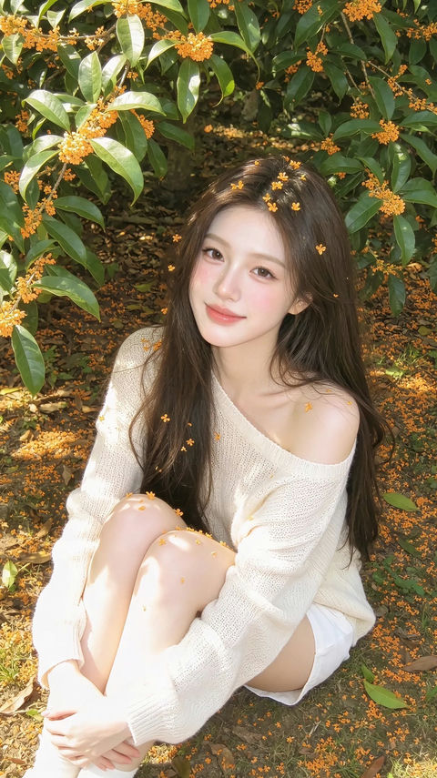 桂花树下超写实东亚女性摄影 - AI图片提示词示例