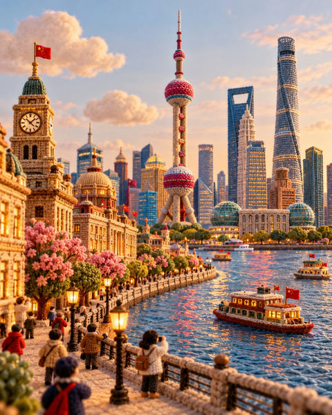 针织毛绒微缩景观建筑旅行海报 - AI图片提示词示例