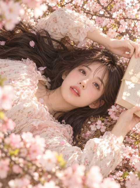 竖幅春日繁花横置构图人像写真 - AI图片提示词示例