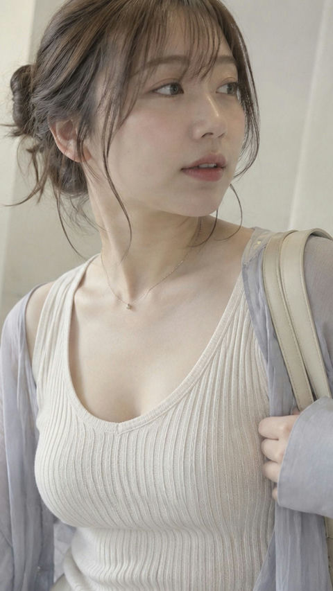 明亮走廊淡紫衬衫侧头张望的女性半身像 - AI图片提示词示例