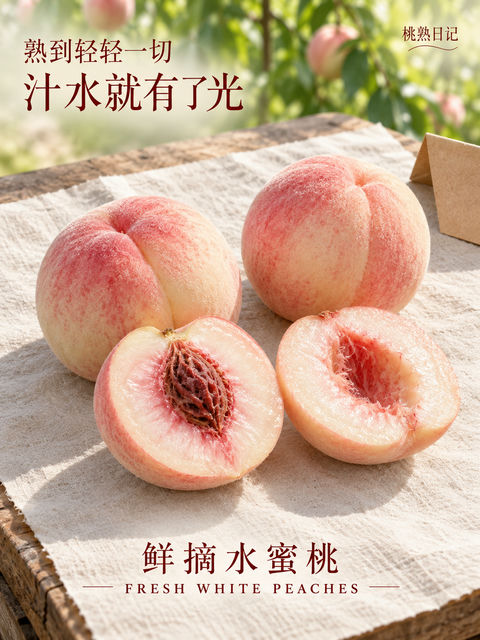 夏日晨光下的桃熟日记高级写实海报 - AI图片提示词示例