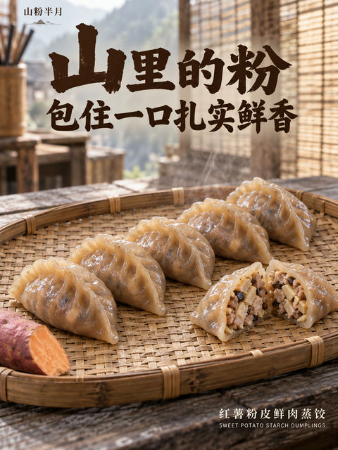 山野至味：红薯粉蒸饺的高级食欲美学 - AI图片提示词示例