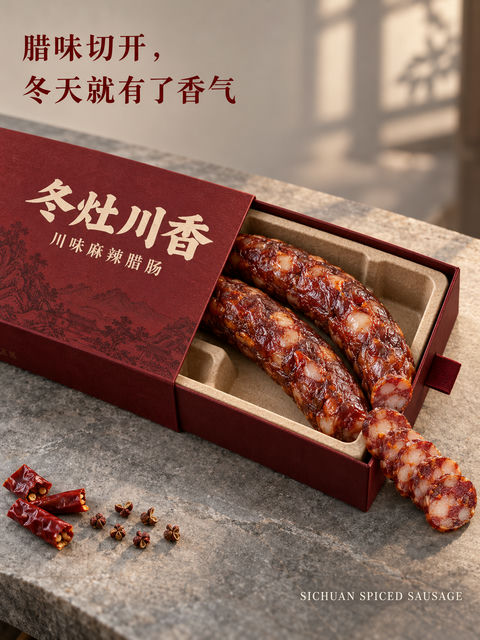 冬灶川香腊肠高级写实礼食海报设计 - AI图片提示词示例