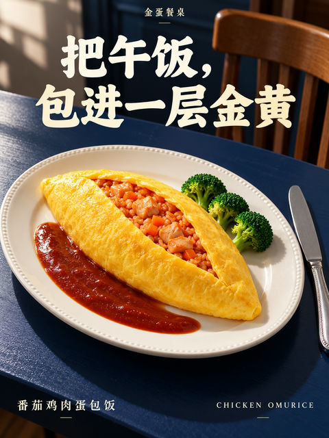 金黄诱惑：金蛋餐桌番茄鸡肉蛋包饭海报 - AI图片提示词示例