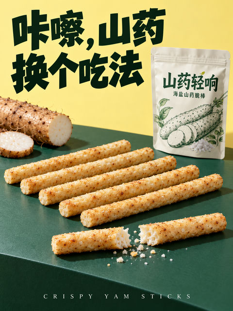 极简主义海报：山药轻响脆棒写实摄影 - AI图片提示词示例