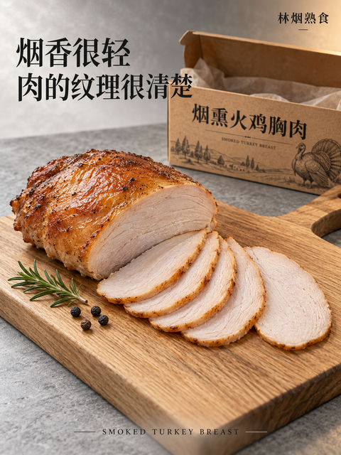 林烟熟食：烟熏火鸡胸肉高级写实海报 - AI图片提示词示例