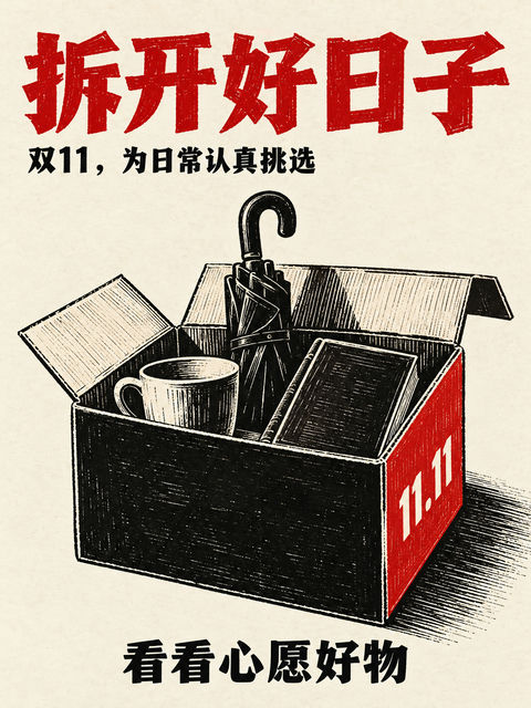 极简木刻版画风双十一开箱海报 - AI图片提示词示例