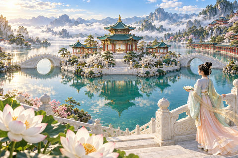 莲湖天苑碧水承宫东方神话云上园林 - AI图片提示词示例