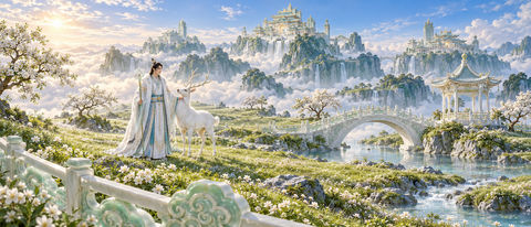 白鹿云原远山天苑东方神话仙境大景 - AI图片提示词示例