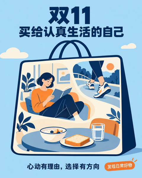 极简矢量插画：双十一生活方式海报 - AI图片提示词示例