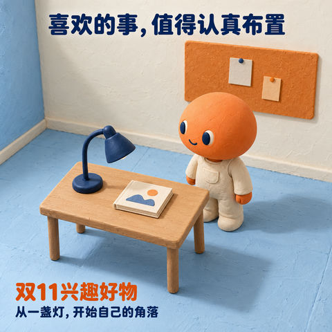 橙色黏土小人布置书桌的治愈瞬间 - AI图片提示词示例