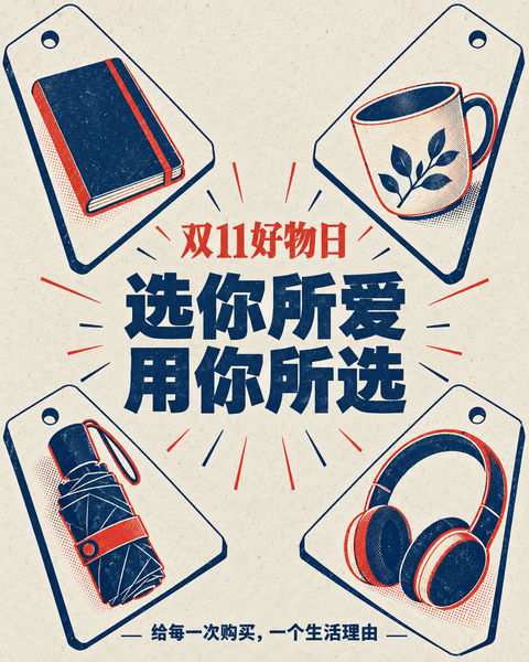 双11文创生活好物孔版印刷海报 - AI图片提示词示例