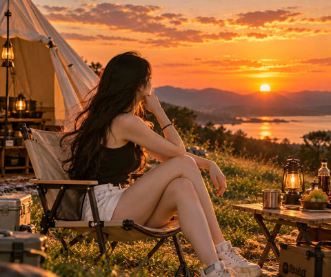 超写实露营地日落女子中景 · 来源示例