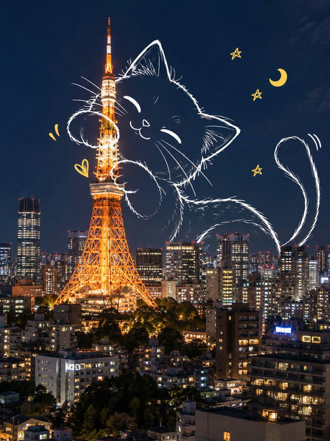 真实摄影与白色手绘巨猫创意涂鸦插画 - AI图片提示词示例