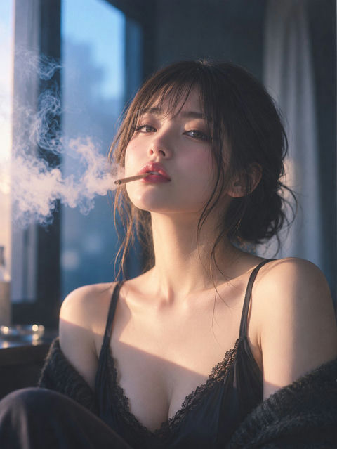 蓝窗边的烟雾与二十岁女性人像 - AI图片提示词示例