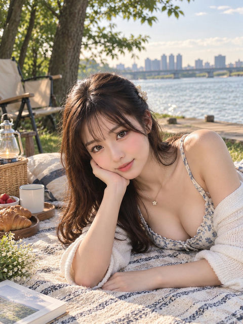 河边早餐与托腮女性特写写真 - AI图片提示词示例