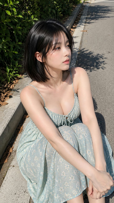 路边坐着的韩国年轻女性写实手机抓拍 - AI图片提示词示例