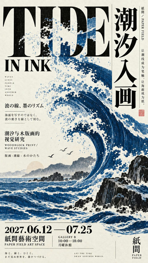 日式木版画美术馆展览海报 - AI图片提示词示例