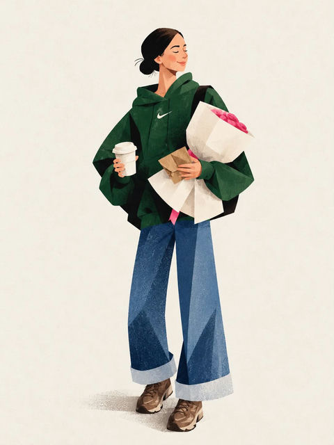 极简几何风格现代休闲女性时尚插画 - AI图片提示词示例