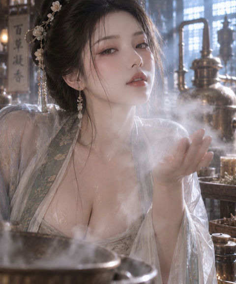 宋制长衫蝉翼纱药香蒸馏房近景 - AI图片提示词示例