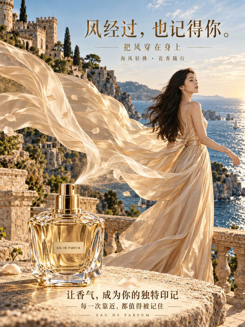 海边古堡夕阳香水广告海报 - AI图片提示词示例
