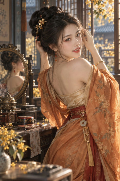 秋日暖阁东亚仕女试簪回眸超写实摄影 - AI图片提示词示例