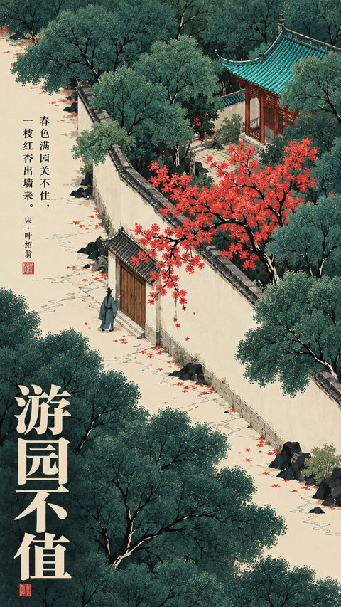 新中式细线设色古诗词插画海报 - AI图片提示词示例