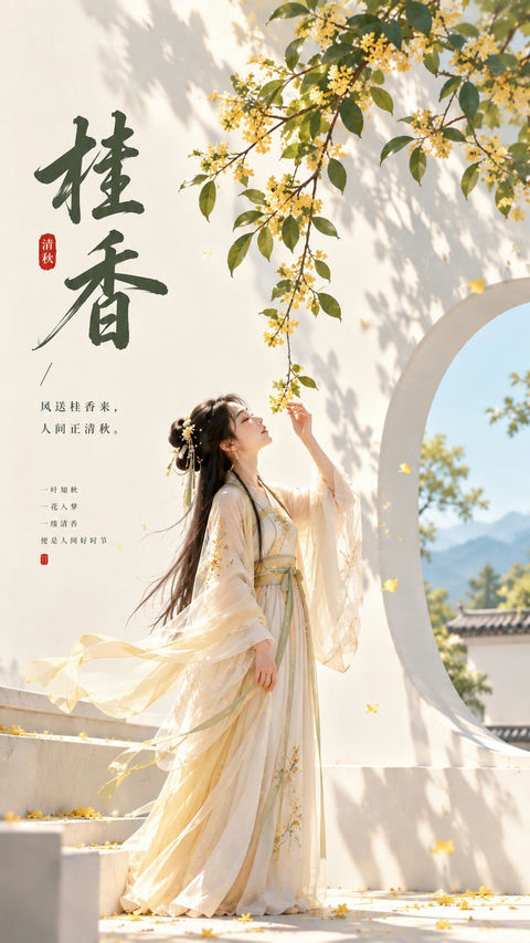 东方禅意极简清幽桂花古风女子海报 · 来源示例
