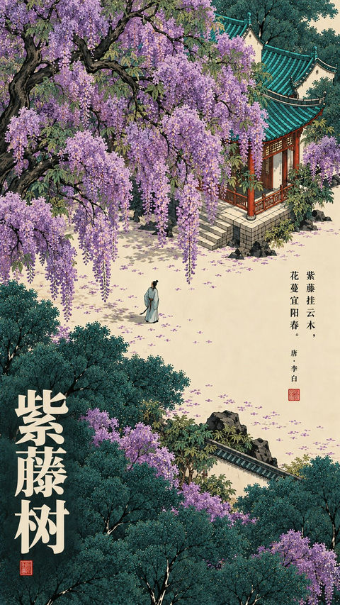 新中式古诗词细线设色艺术海报 · 来源示例