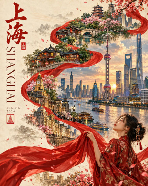 现代丝带流转旅游插画海报 · 来源示例