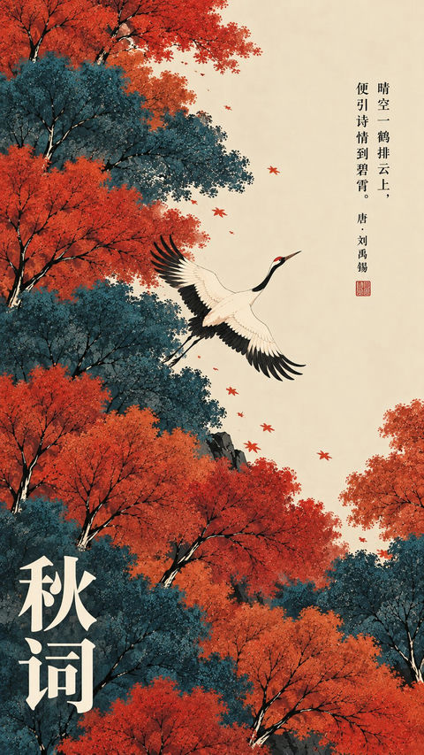 新中式古诗词细线设色艺术海报 · 来源示例