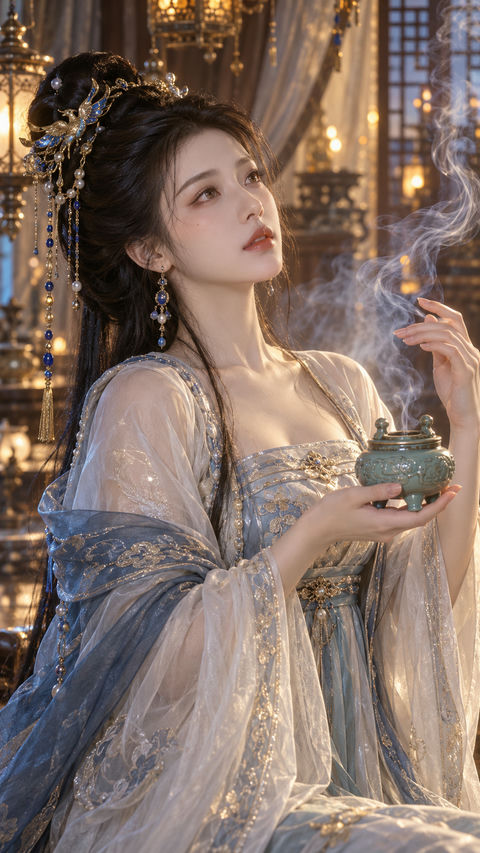 唐风夜宴余韵：缭绕青瓷香烟的慵懒仕女 - AI图片提示词示例