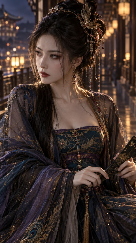 夜色宫殿中手执黑金折扇的冷艳唐风美人 - AI图片提示词示例