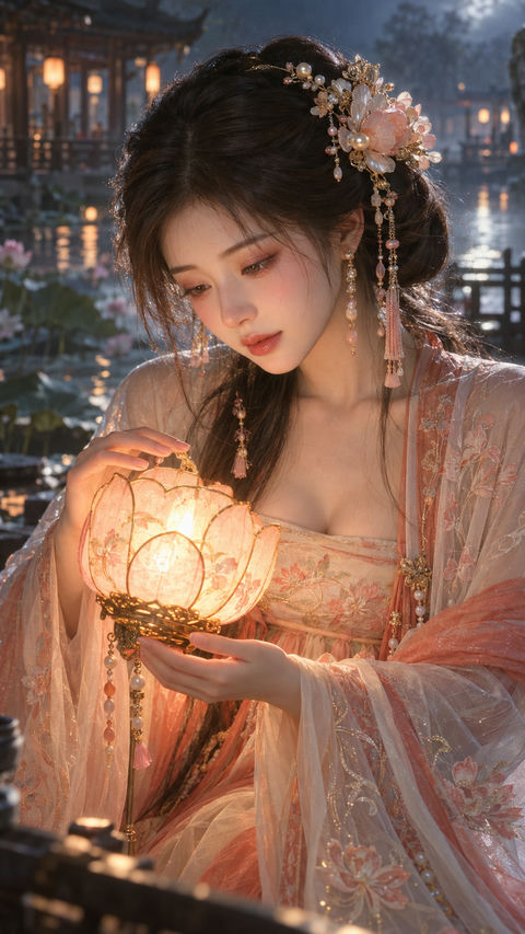盛唐风华水榭捧灯古典美人插画 - AI图片提示词示例