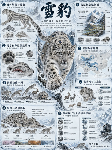 雪豹高山生态全景科学信息图鉴 - AI图片提示词示例