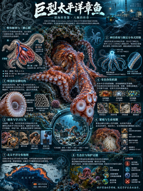深海科研档案：巨型太平洋章鱼精密解剖图谱 - AI图片提示词示例