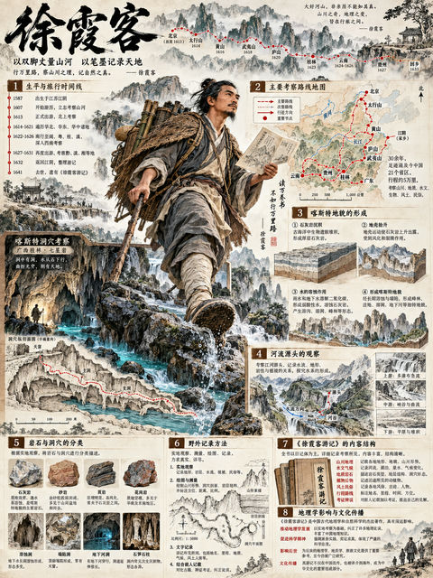 徐霞客山河考察图谱：水墨地理科学画卷 - AI图片提示词示例